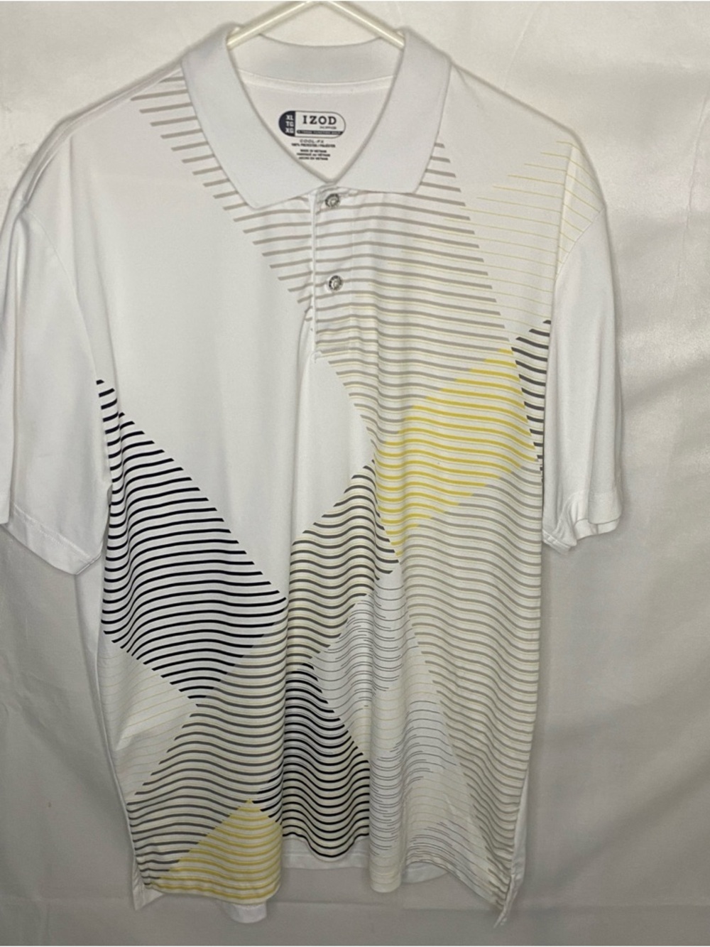 IZOD Mens XL White Geometric Graphic Stripe Stretch Performance Golf Polo Shirt